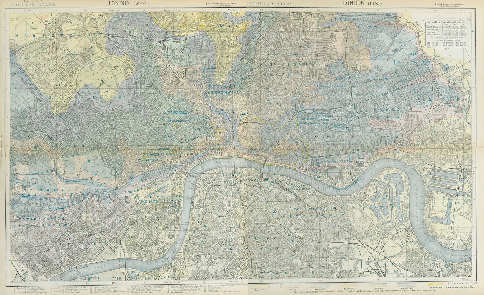 LONDON town city plan. Underground railways parishes relief. LETTS 1883 map